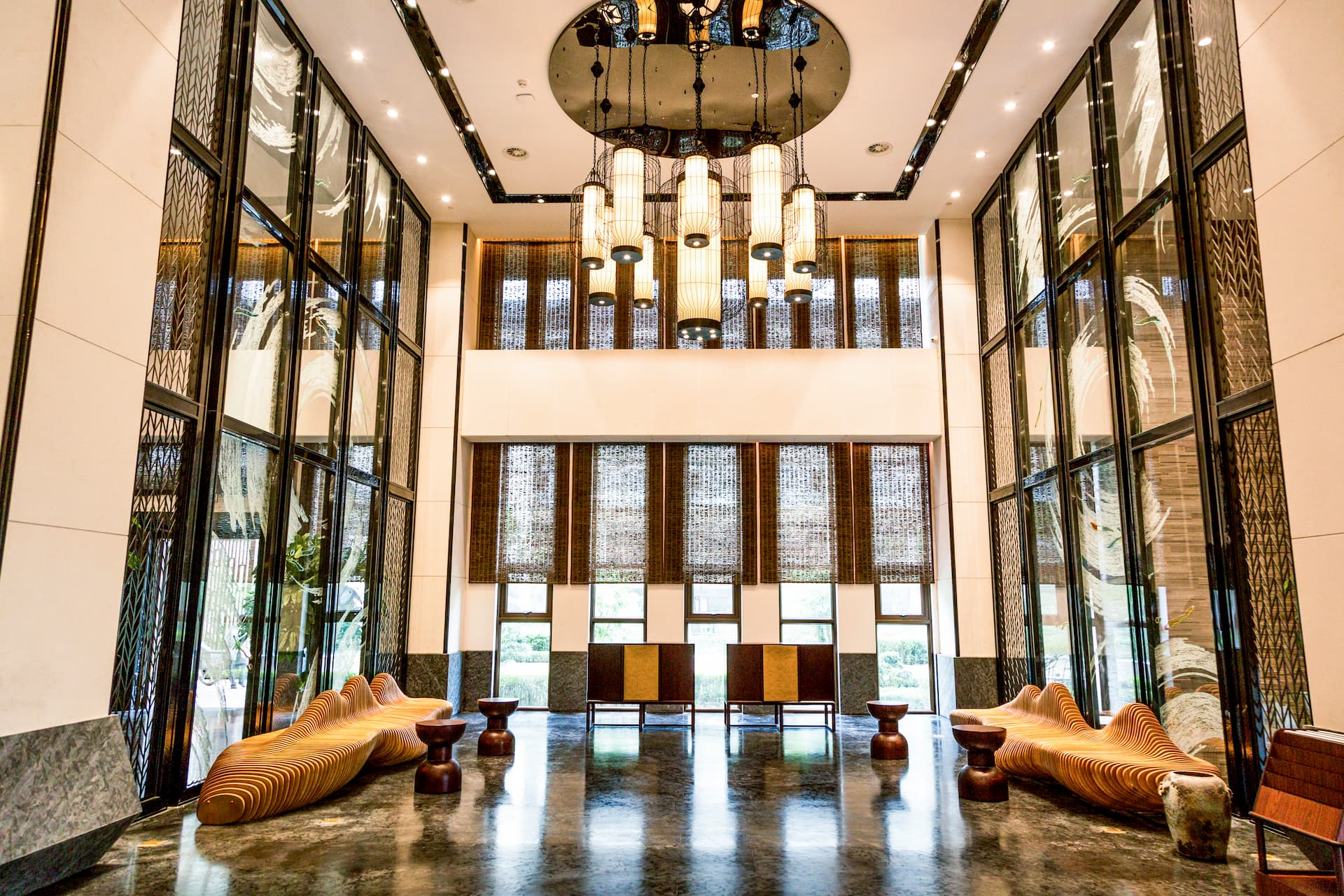 Luxury resort hotel furniture grand lobby custom sofa seating arrangement Minyoun Pavilion project