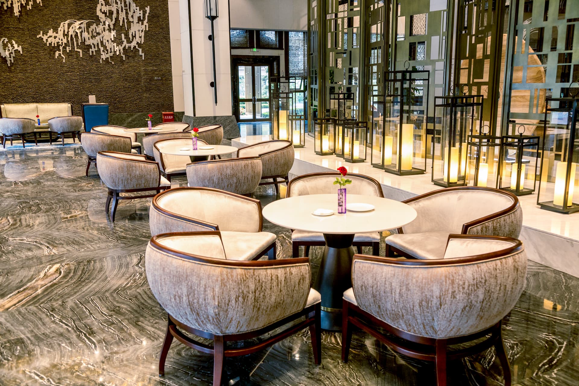 5 star hotel lobby luxury resort furniture featuring custom marble coffee tables and accent armchairs
